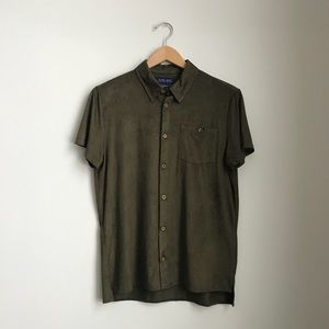 Army Green Suede Short-Sleeve Button-Down